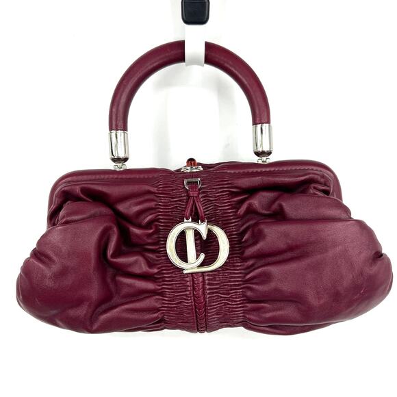 Christian Dior Karenina East West Leather Satchel Top Handle Bag Maroon Red
